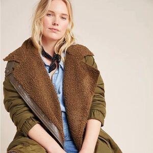 ANTHROPOLOGIE Women's Plus Sherpa Lined Parka Jacket Coat Size 1X Green Brown